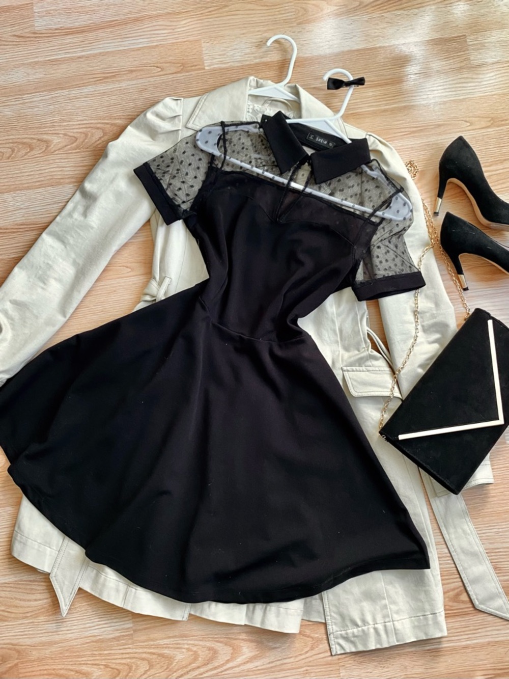 Black Mesh Yoke Short Sleeve Fit & Flare Dress
